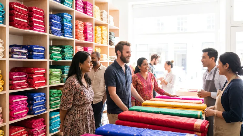 Rolls of brightly coloured silk fabric stacked on a shop shelf