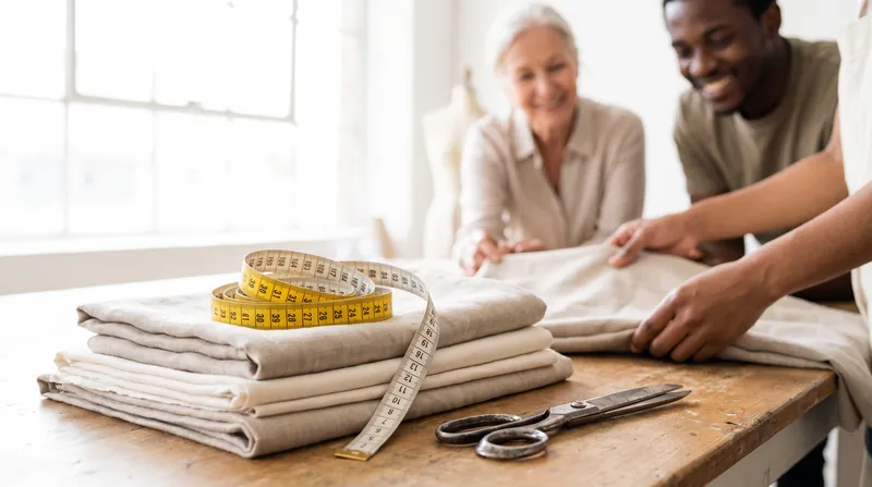 A tailor's measuring tape coiled on folded fabric beside scissors