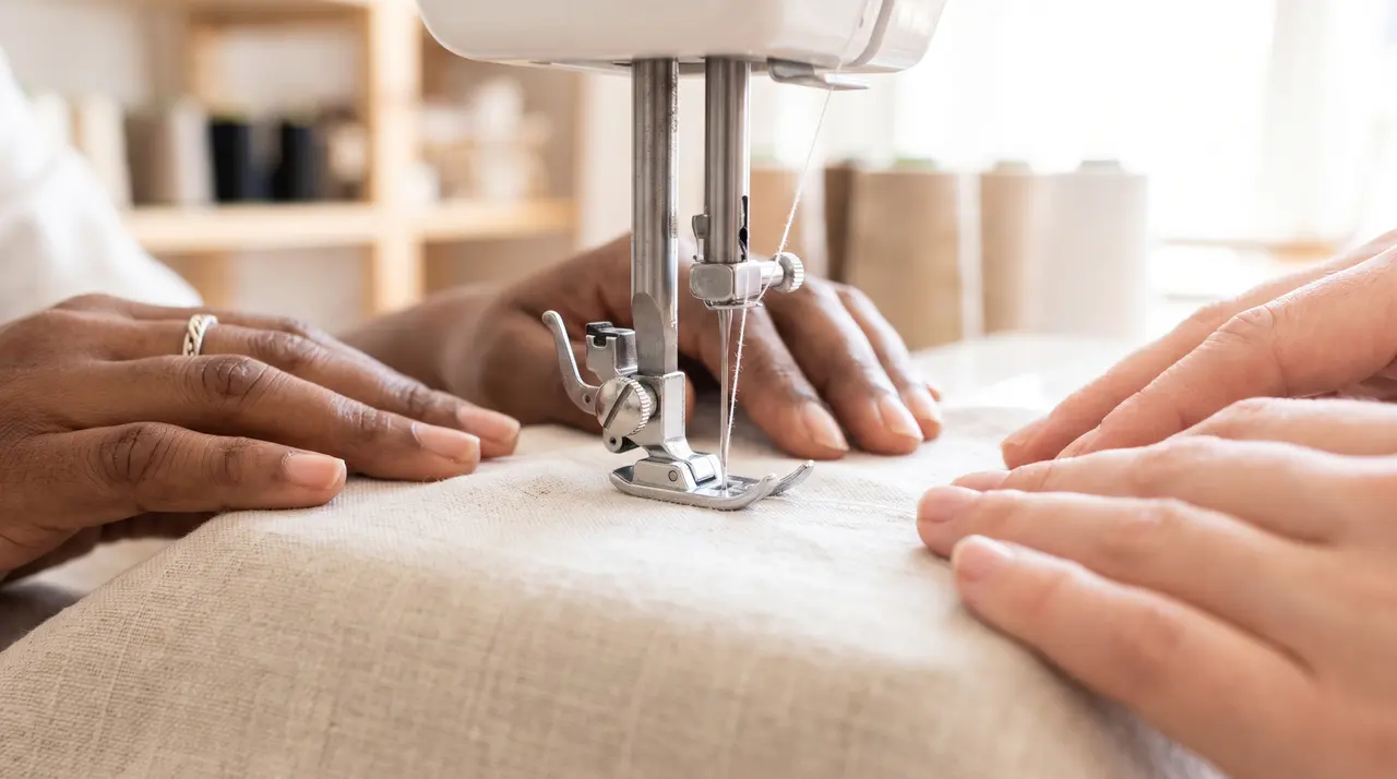 Close view of a sewing machine needle running a seam through cloth
